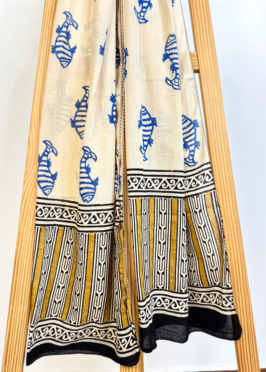 Raag🪷Mulmul Cotton Stoles ~ Fish Blue