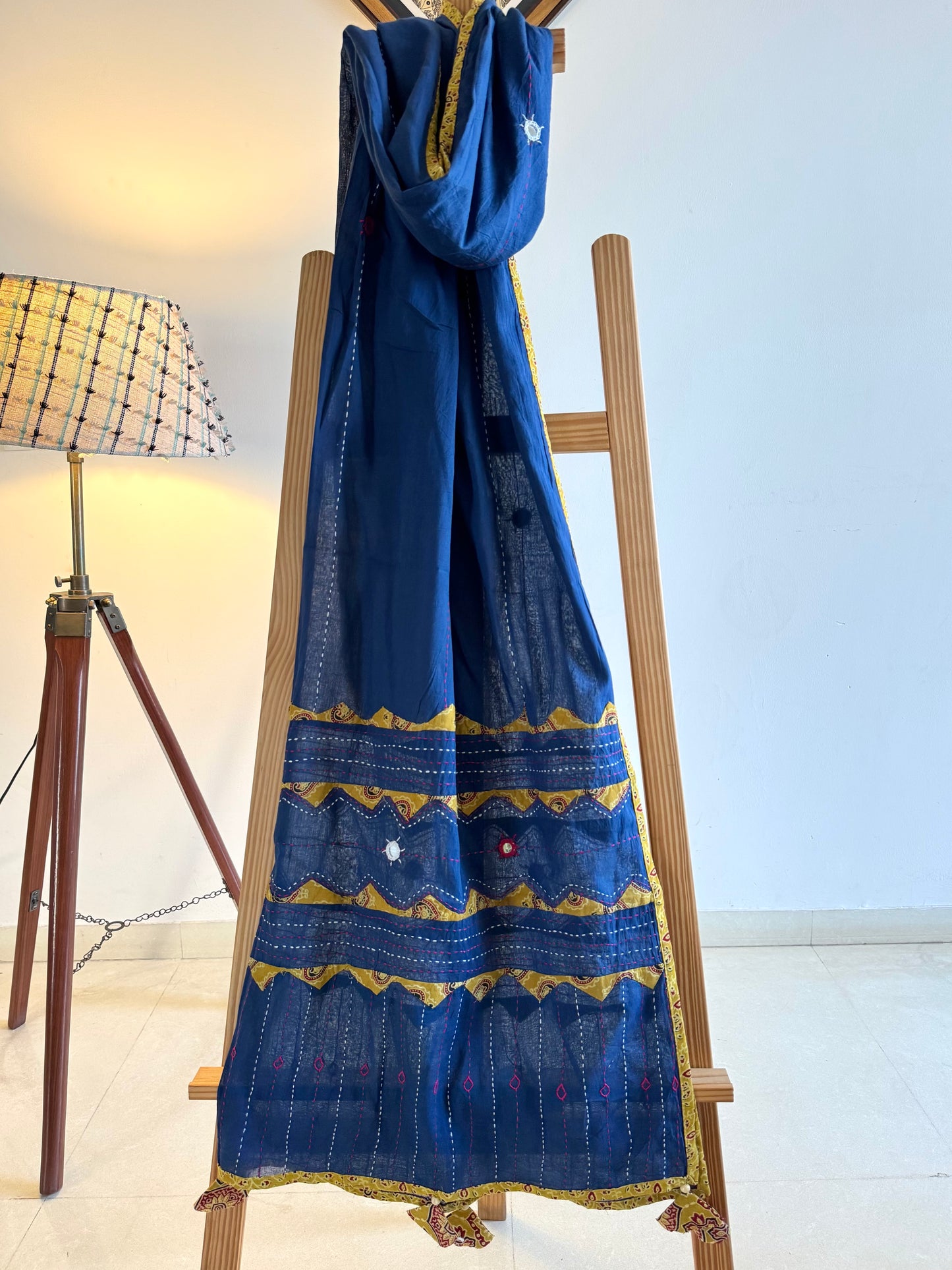 Ajrakh Applique & Kantha Embroidered Dupatta ~ Navy Blue with Yellow Kantha Work
