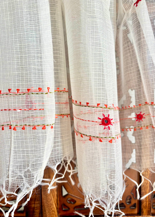 Kota Doria Hand Embroidered Dupatta ~ Beige w/ red flowers