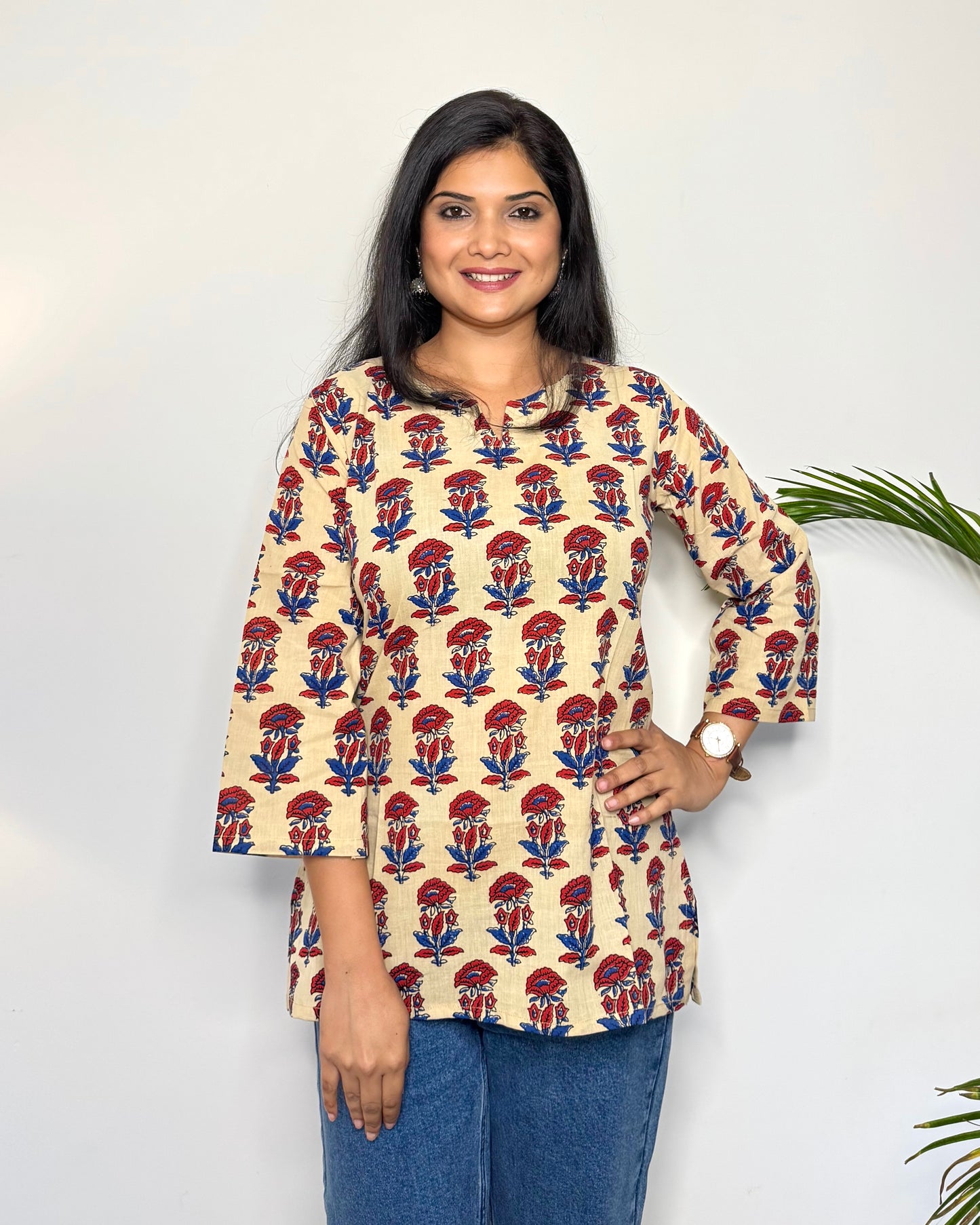 Daisy Meadow ~ Cream & Ruby Red Handblock Kurti