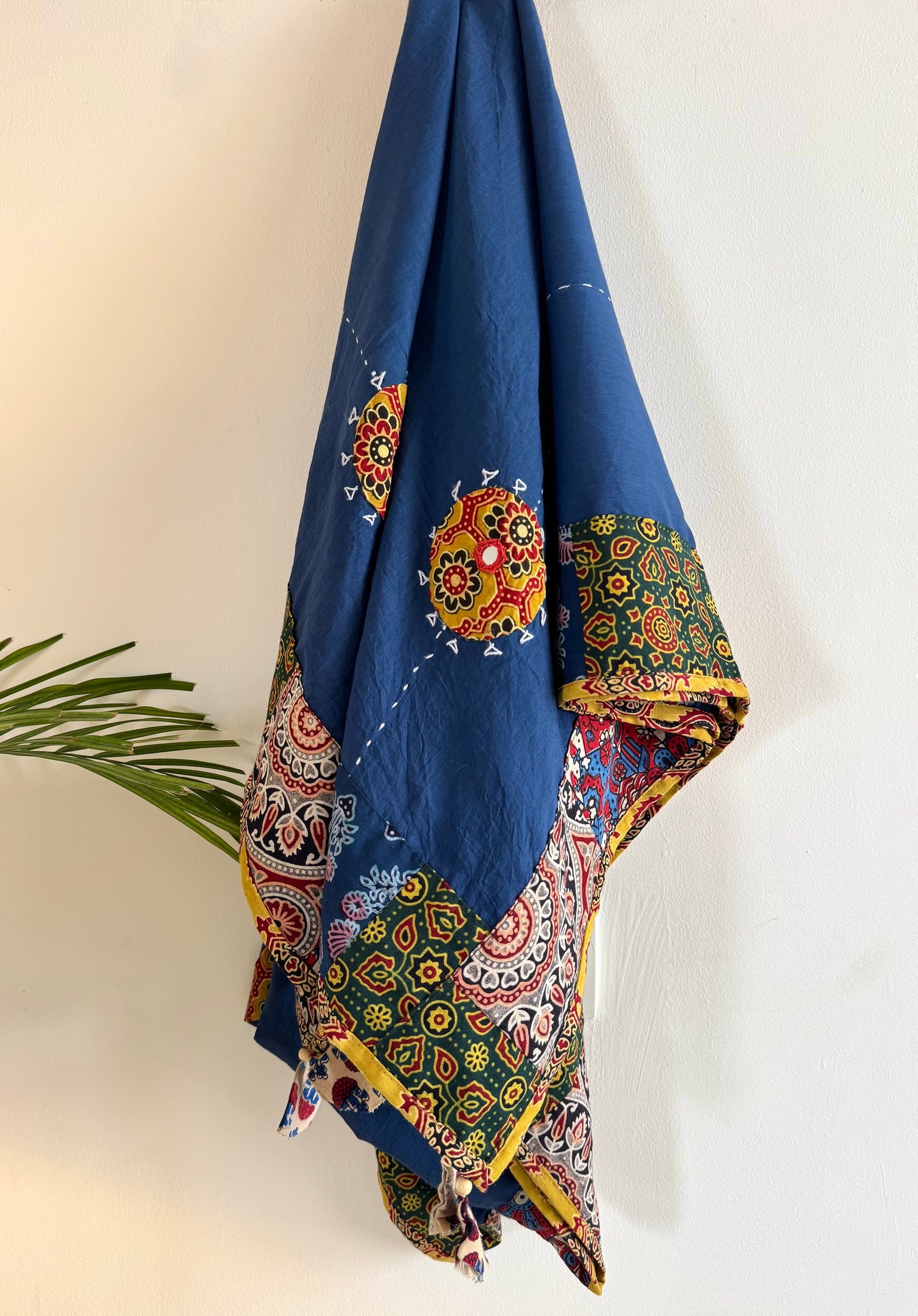 Ajrakh Applique & Kantha Embroidered Dupatta ~ Navy Blue with Mustard Flowers