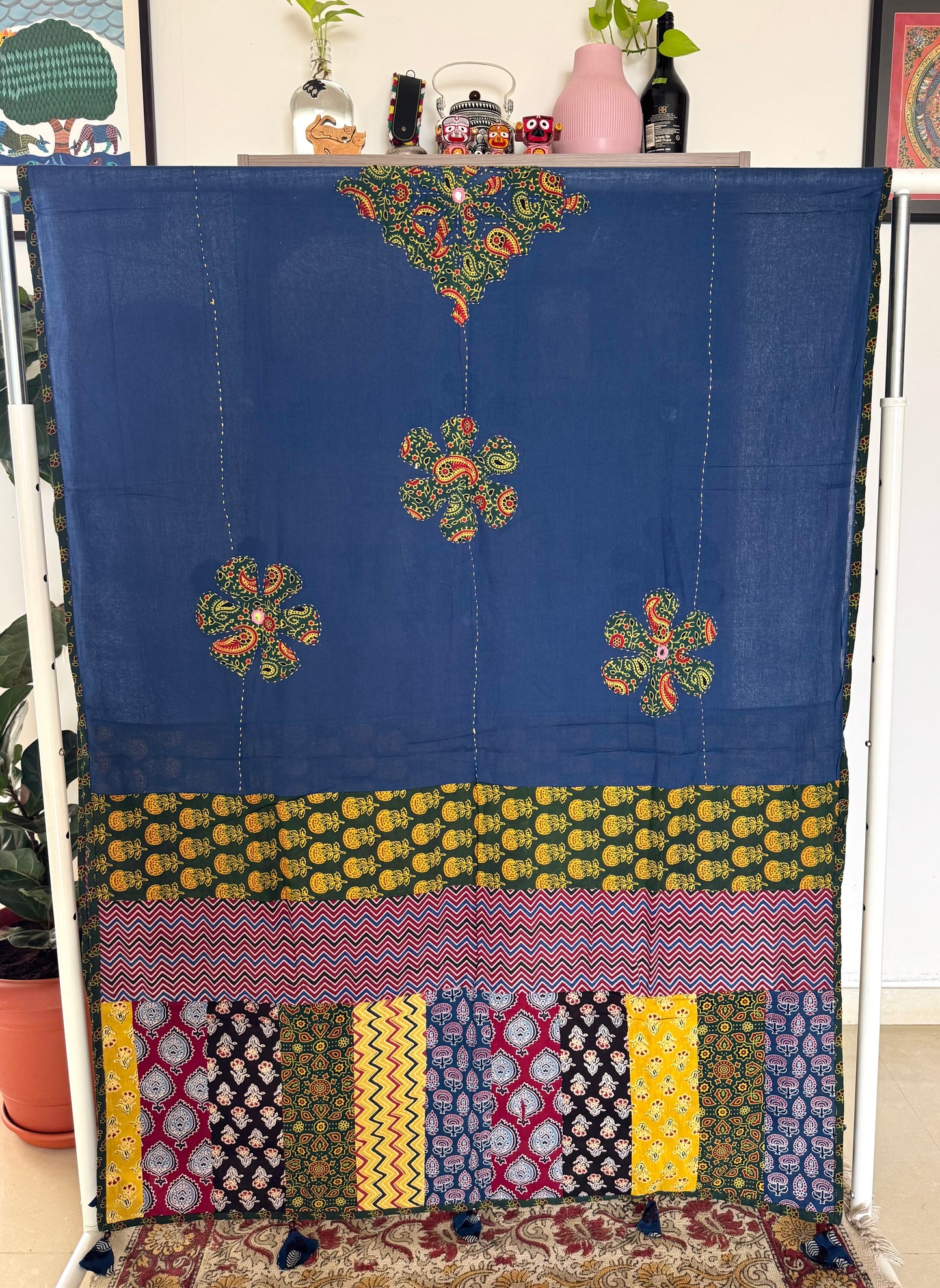 Ajrakh Applique & Kantha Embroidered Dupatta ~ Navy Blue w/ Green Flowers