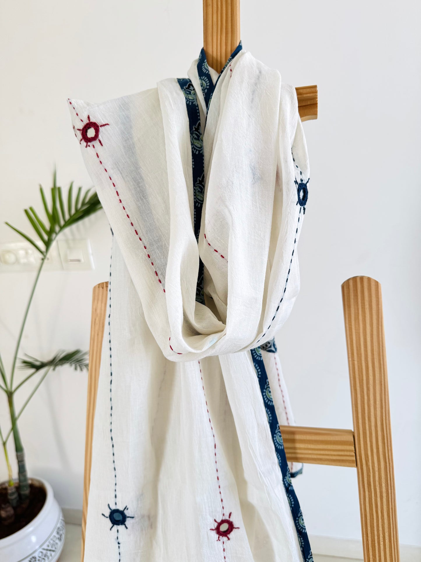 Ajrakh Applique & Kantha Embroidered Dupatta ~ White with Blue Patchwork