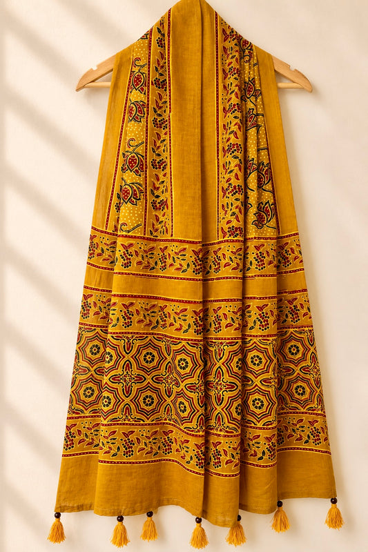 Raahi🌻Ajrakh Cotton Stoles ~ Mustard Yellow w/ Lotus Motif