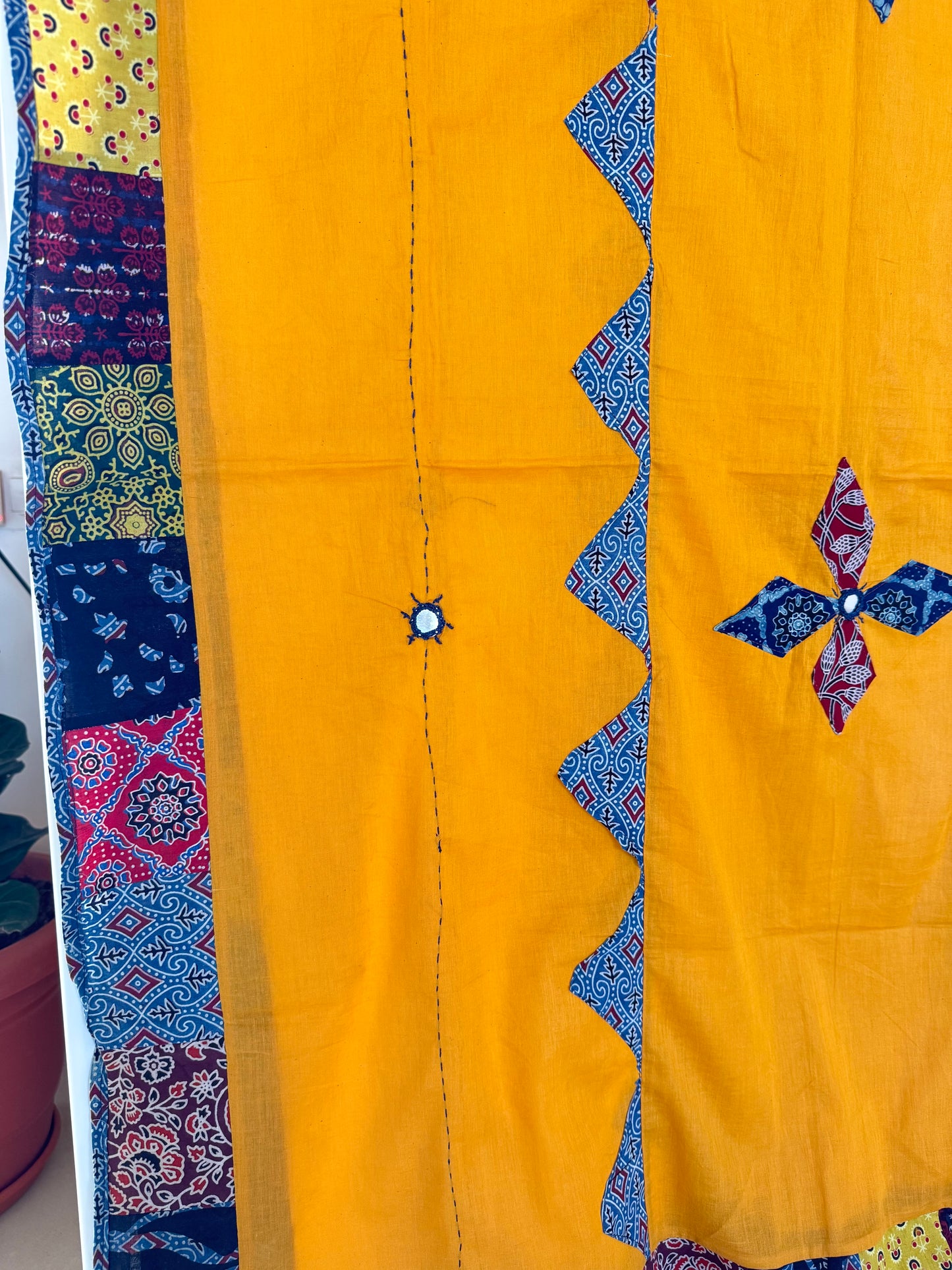 Ajrakh Applique & Kantha Embroidered Dupatta ~ Mustard Yellow with Flowers