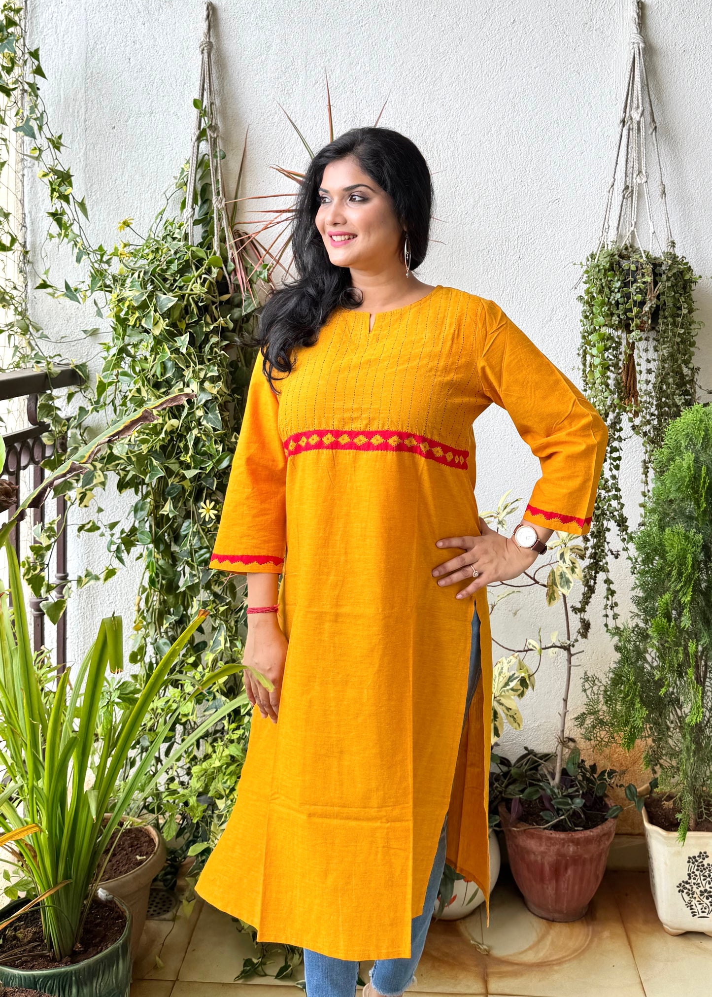 Masakali ~ Cotton Embroidered Kurti, Yellow Ochre🔅