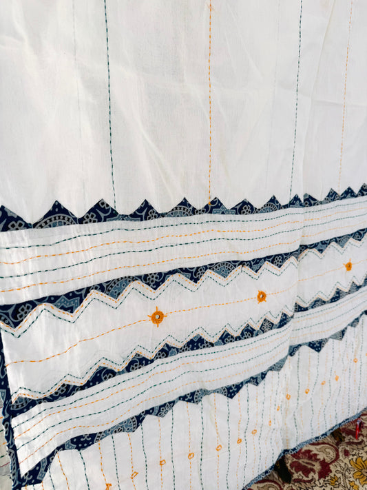 Ajrakh Applique & Kantha Embroidered Dupatta ~ White with Orange Mirrors