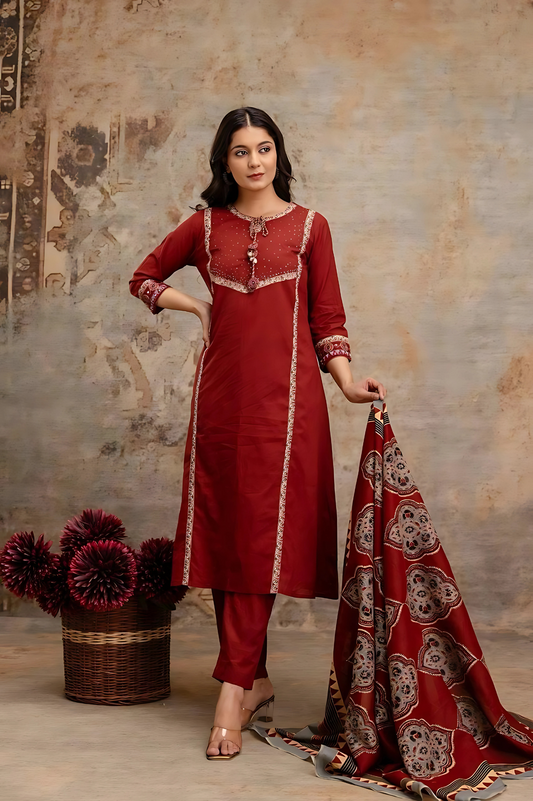 Saanjh 𓂃 ོ☼𓂃 Ajrakh Hand Embroidered Suit ~ Mahogany Red