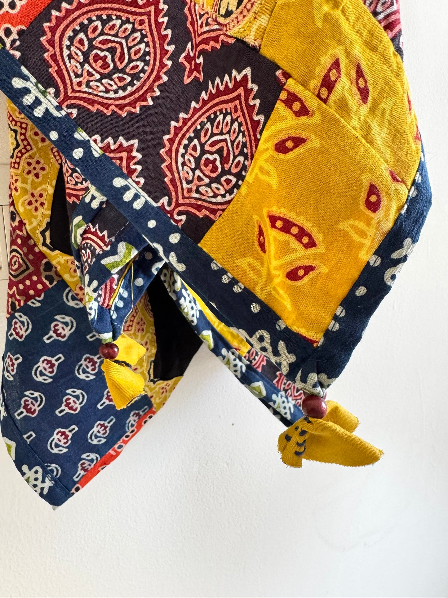 Ajrakh Applique & Kantha Embroidered Dupatta ~ Raven Black & Yellow