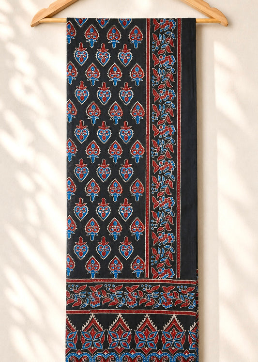 Raahi🌻Ajrakh Cotton Stoles ~ black and metallic blue w/ flower motifs