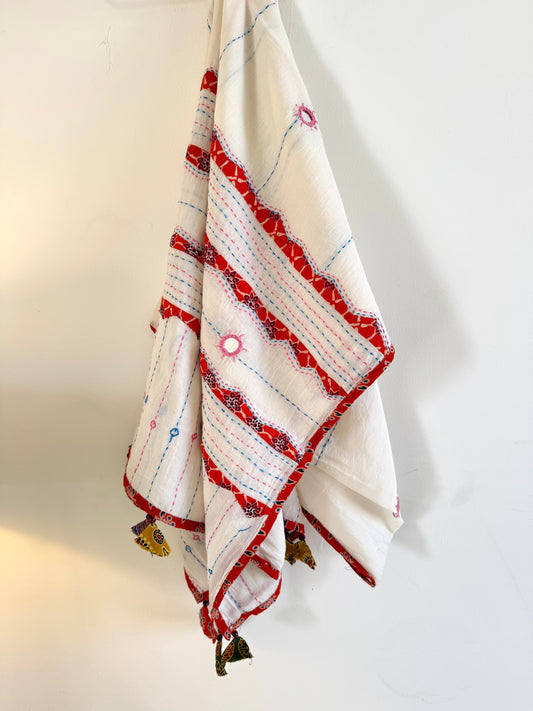Ajrakh Applique & Kantha Embroidered Dupatta ~ White with Orange Patchwork