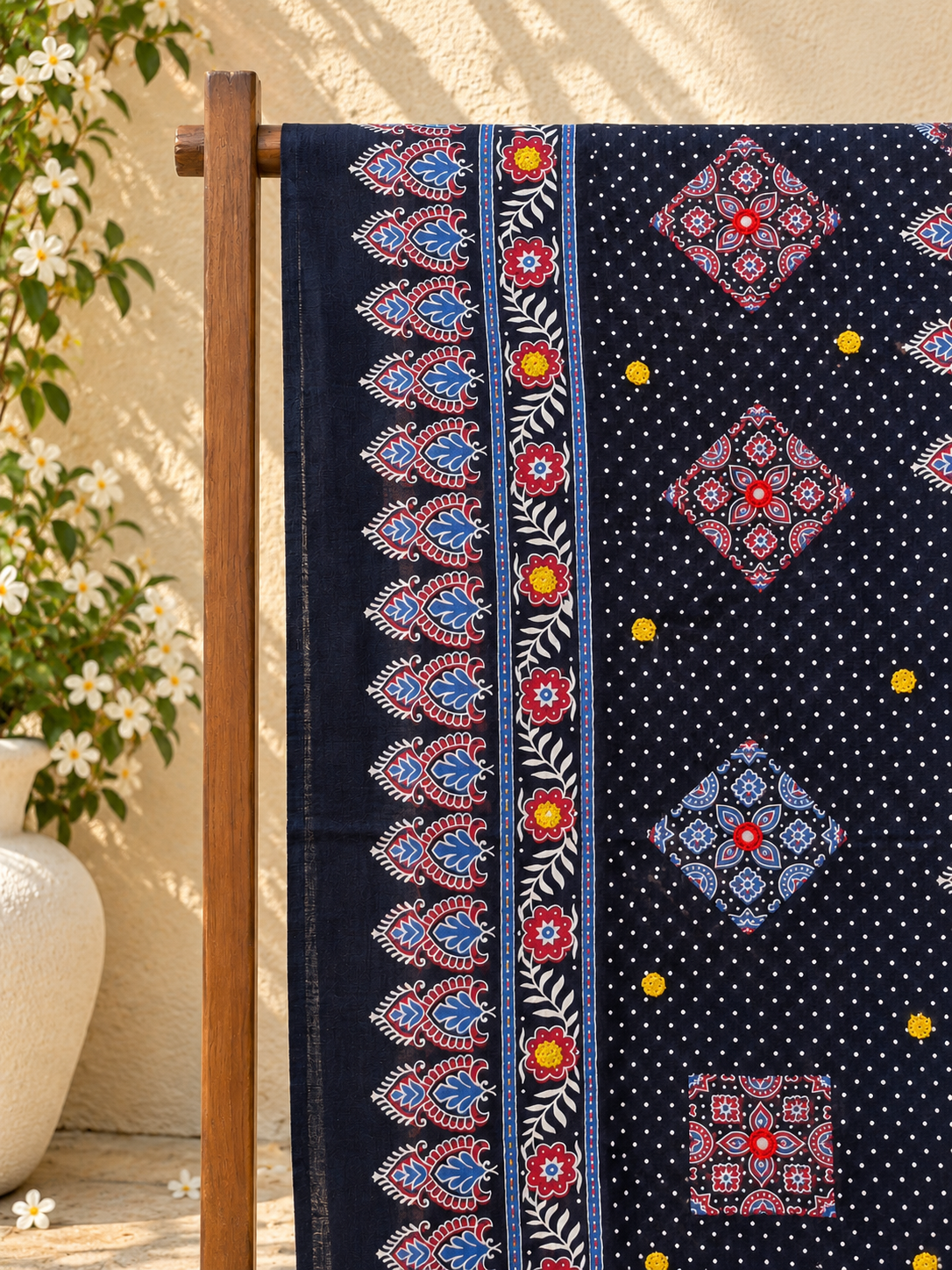 Rangrezđ
Ajrakh Mulmul Cotton Dupattas with Embroidery ~ Indigo Bloom