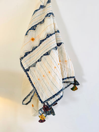 Ajrakh Applique & Kantha Embroidered Dupatta ~ White with Orange Mirrors