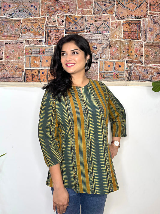 Forest Fern ~ Olive Green Ajrakh Handblock Kurti