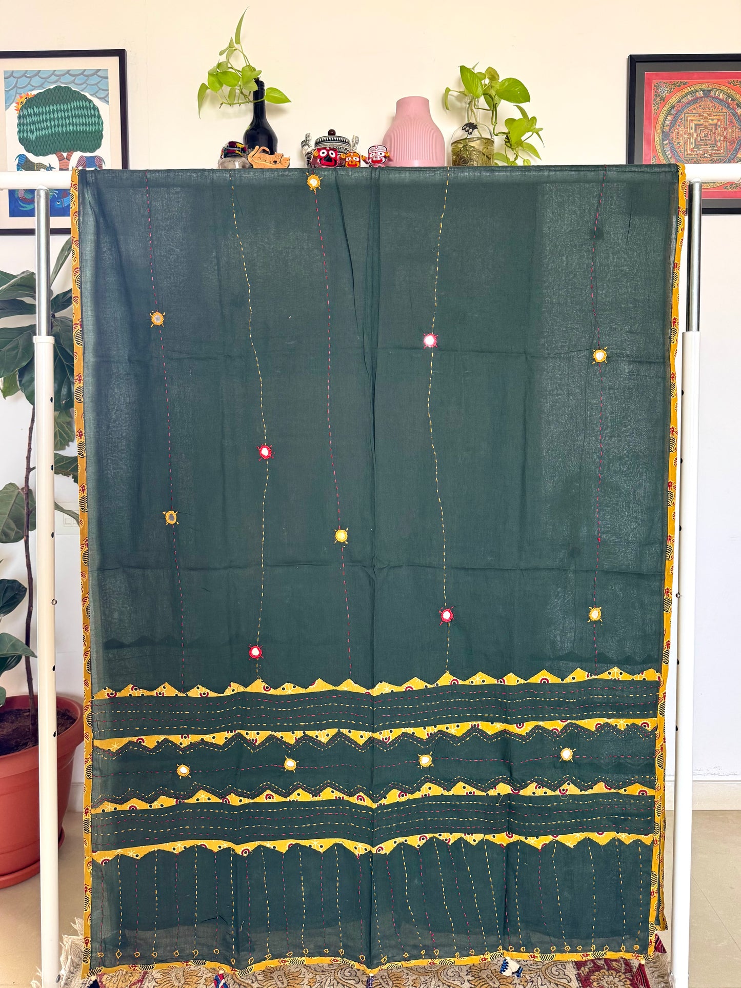 Ajrakh Applique & Kantha Embroidered Dupatta ~ Olive Green and Yellow