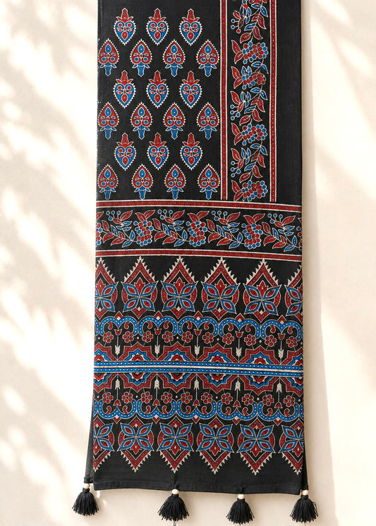 Raahi🌻Ajrakh Cotton Stoles ~ black and metallic blue w/ flower motifs
