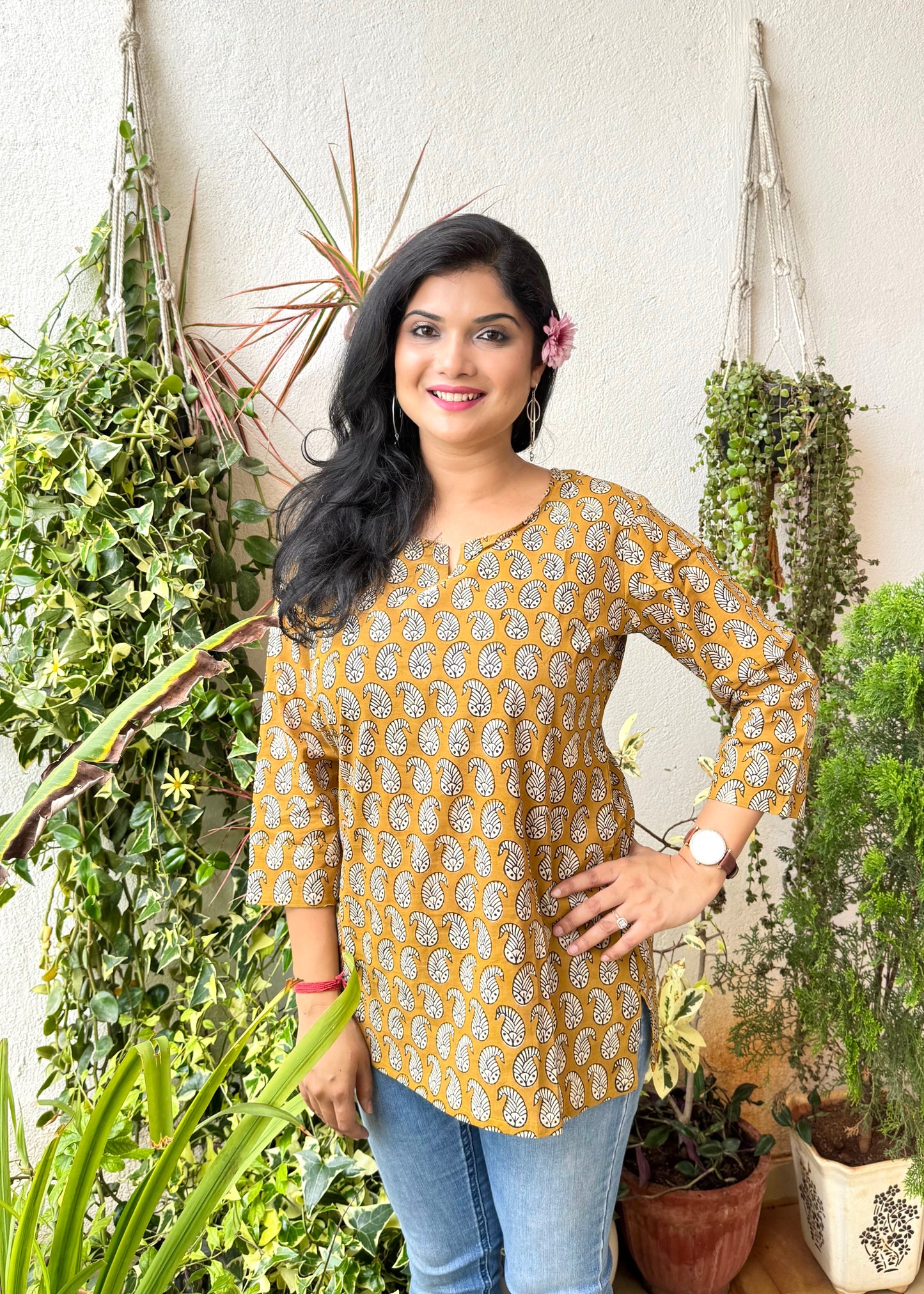Leaf Motif ~ Mustard Yellow Handblock Kurti