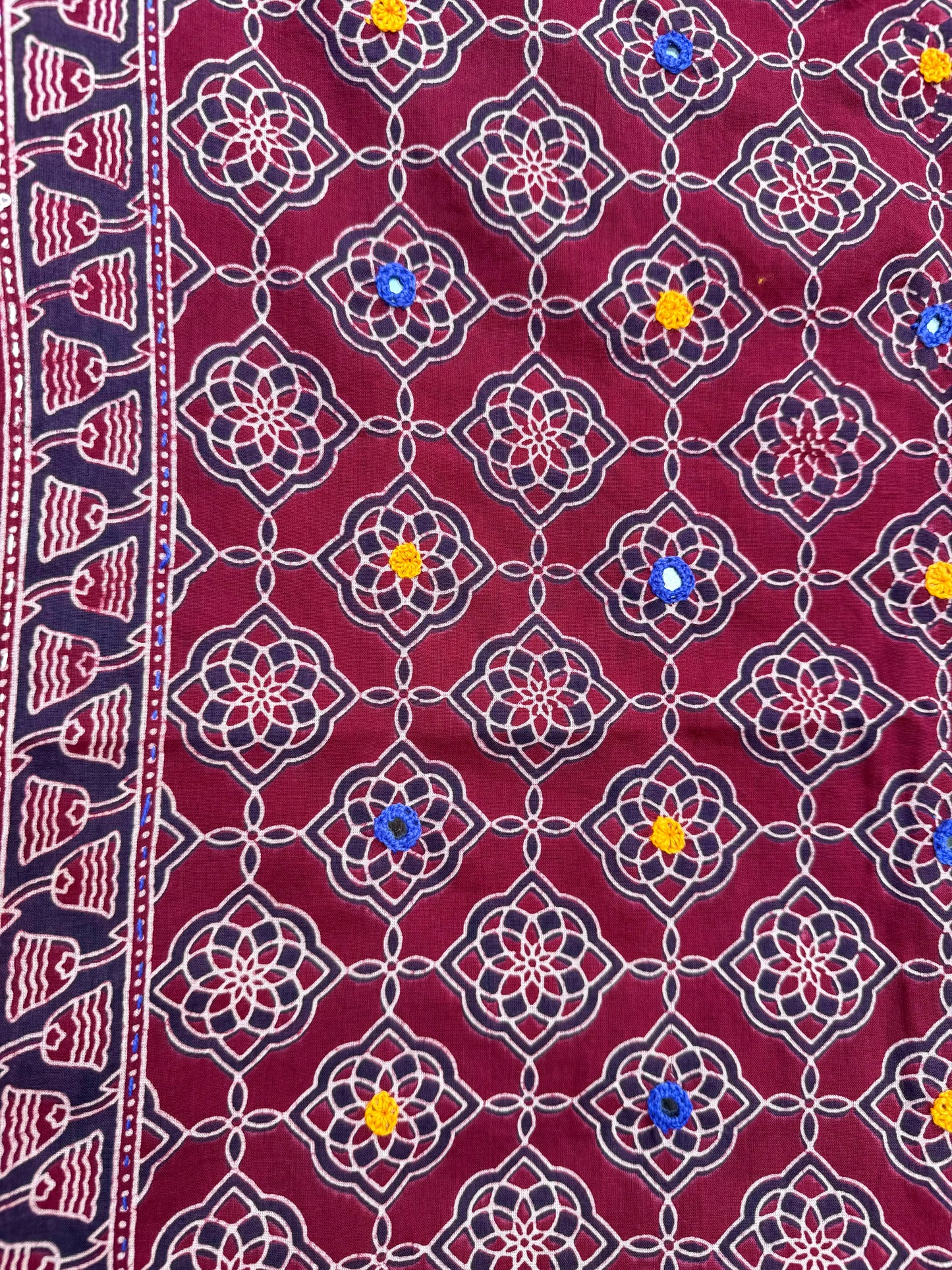 Rangrez🔅Ajrakh Mulmul Cotton Dupattas with Embroidery ~ Cranberry Red