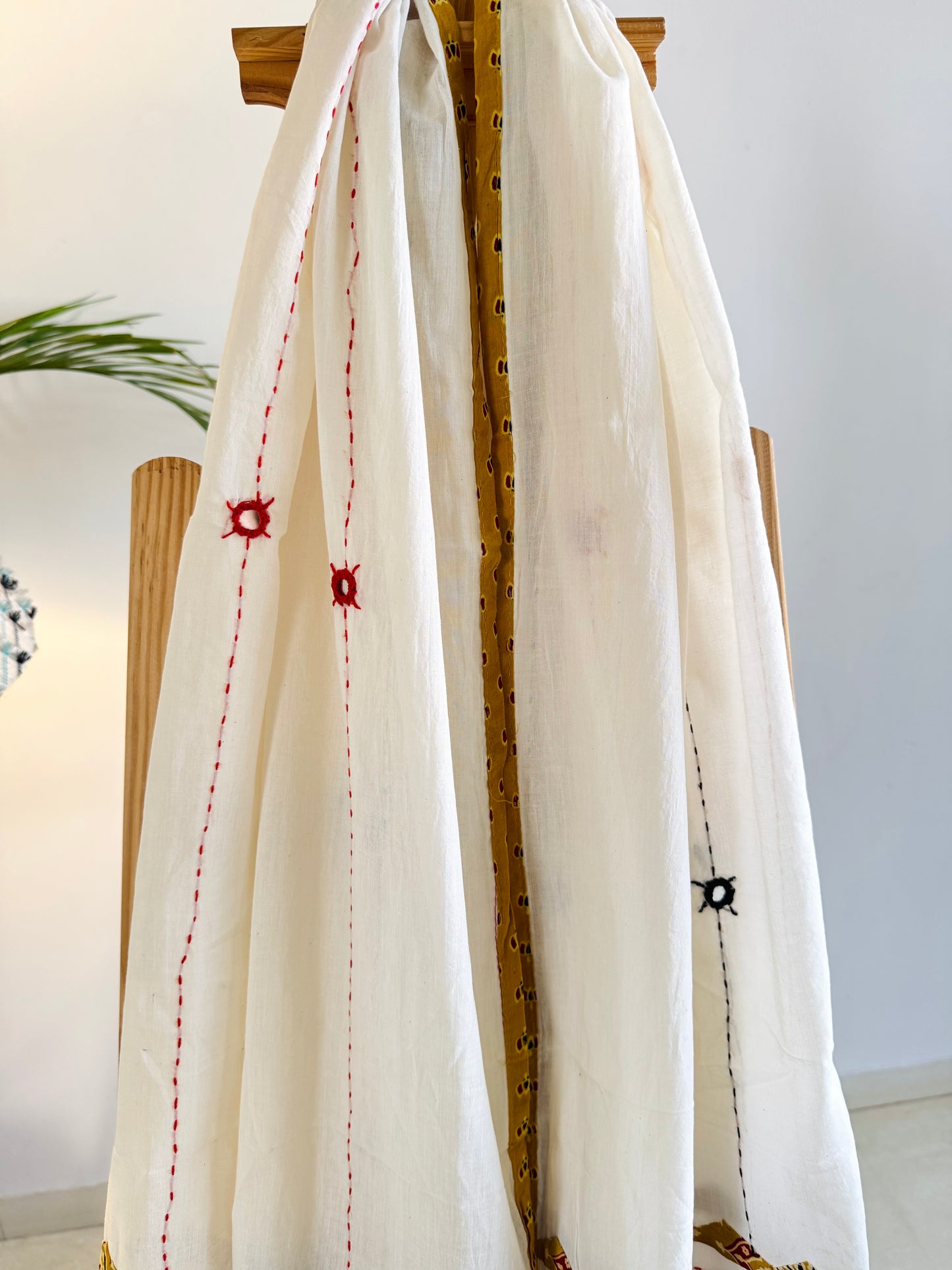 Ajrakh Applique & Kantha Embroidered Dupatta ~ White with Yellow Patchwork