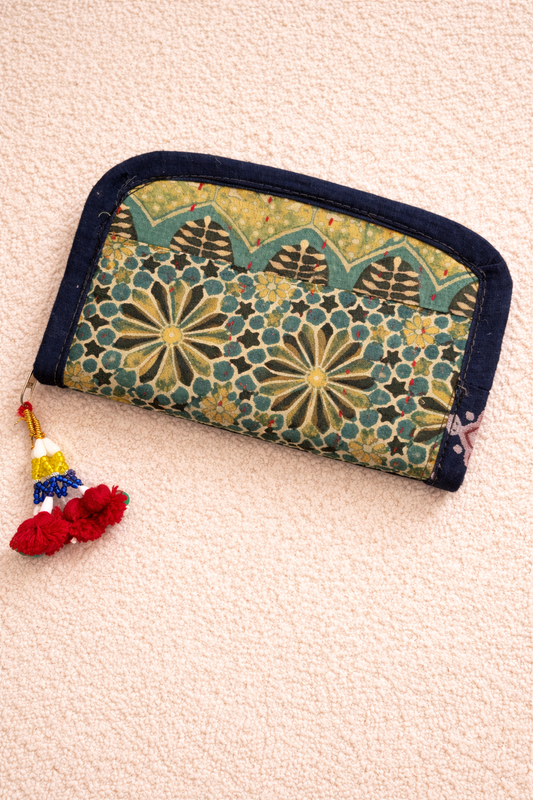 Swadesh ~ Ajrakh Handcrafted Wallets ~ Green Grunge Flowers