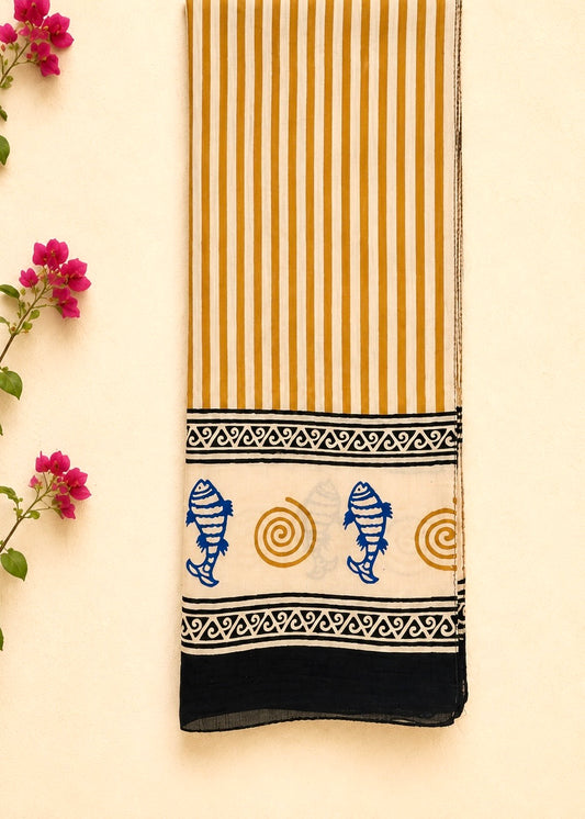 Raag 🪷 Mulmul Cotton Stoles ~ Fish & Circles