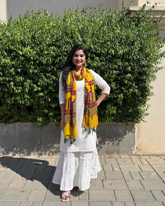Rangrez🔅Modal Silk Ajrakh Stoles ~ Yellow with Palm Tree Motifs