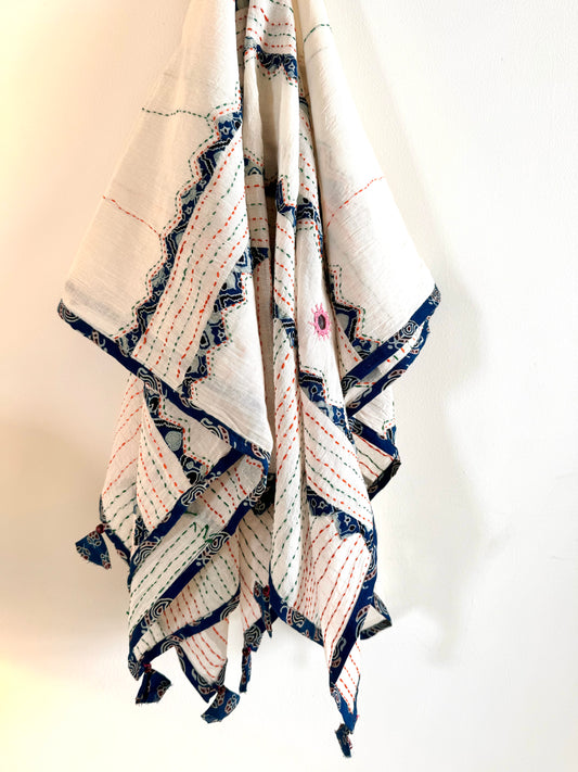Ajrakh Applique & Kantha Embroidered Dupatta ~ White, Blue with Pink mirrors
