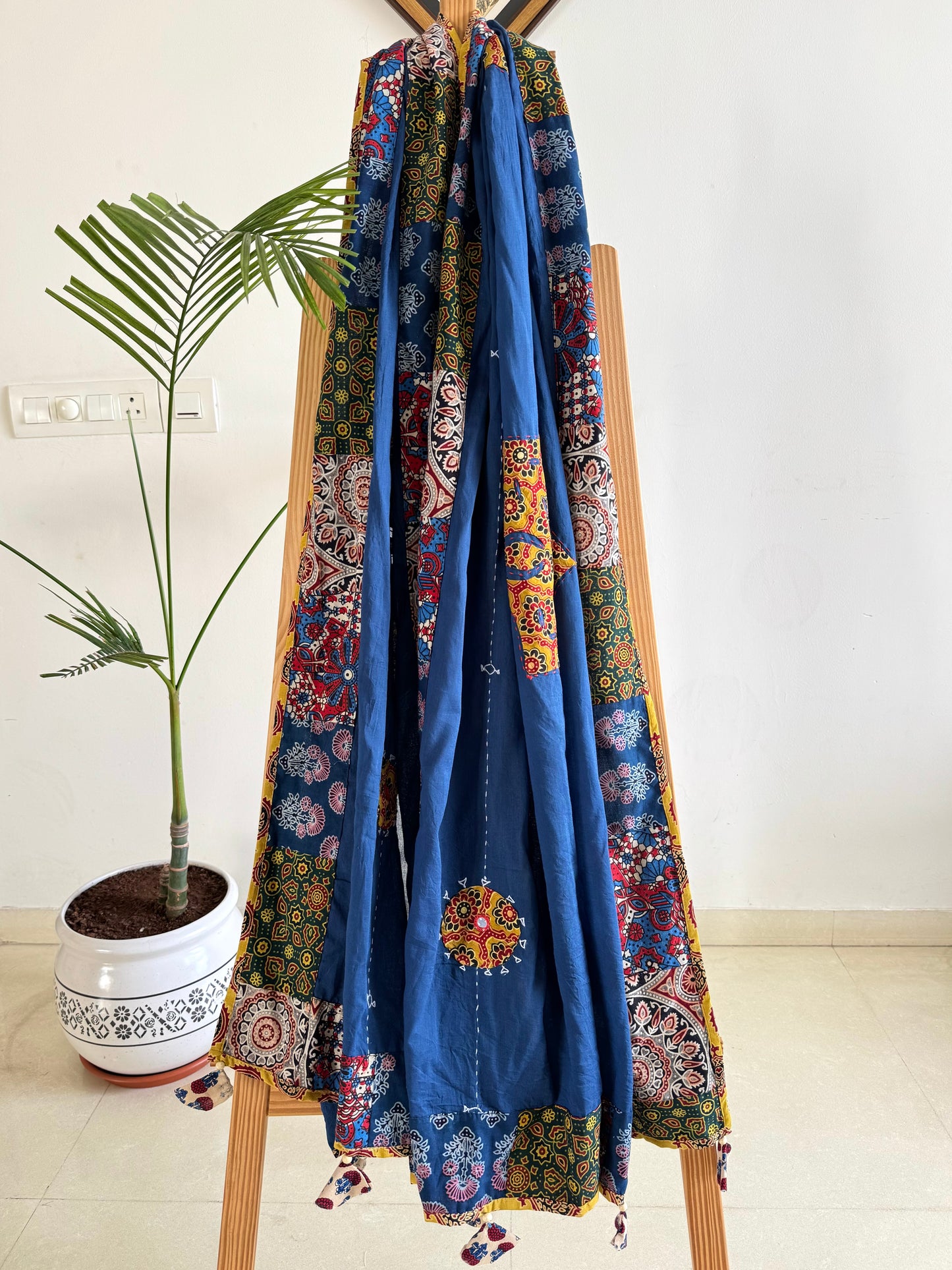 Ajrakh Applique & Kantha Embroidered Dupatta ~ Navy Blue with Mustard Flowers