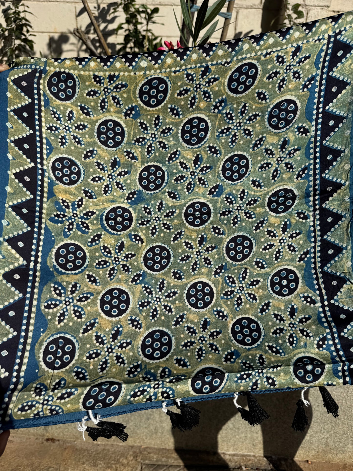 Rangrez🔅Modal Silk Ajrakh Stoles ~ Indigo & Green Grunge Motifs
