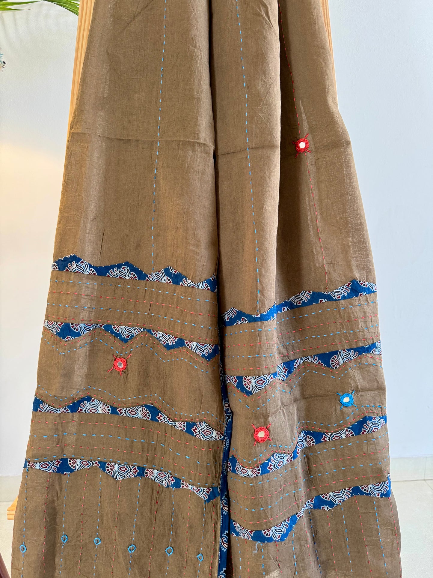 Ajrakh Applique & Kantha Embroidered Dupatta ~ Coco with Blue Patchwork