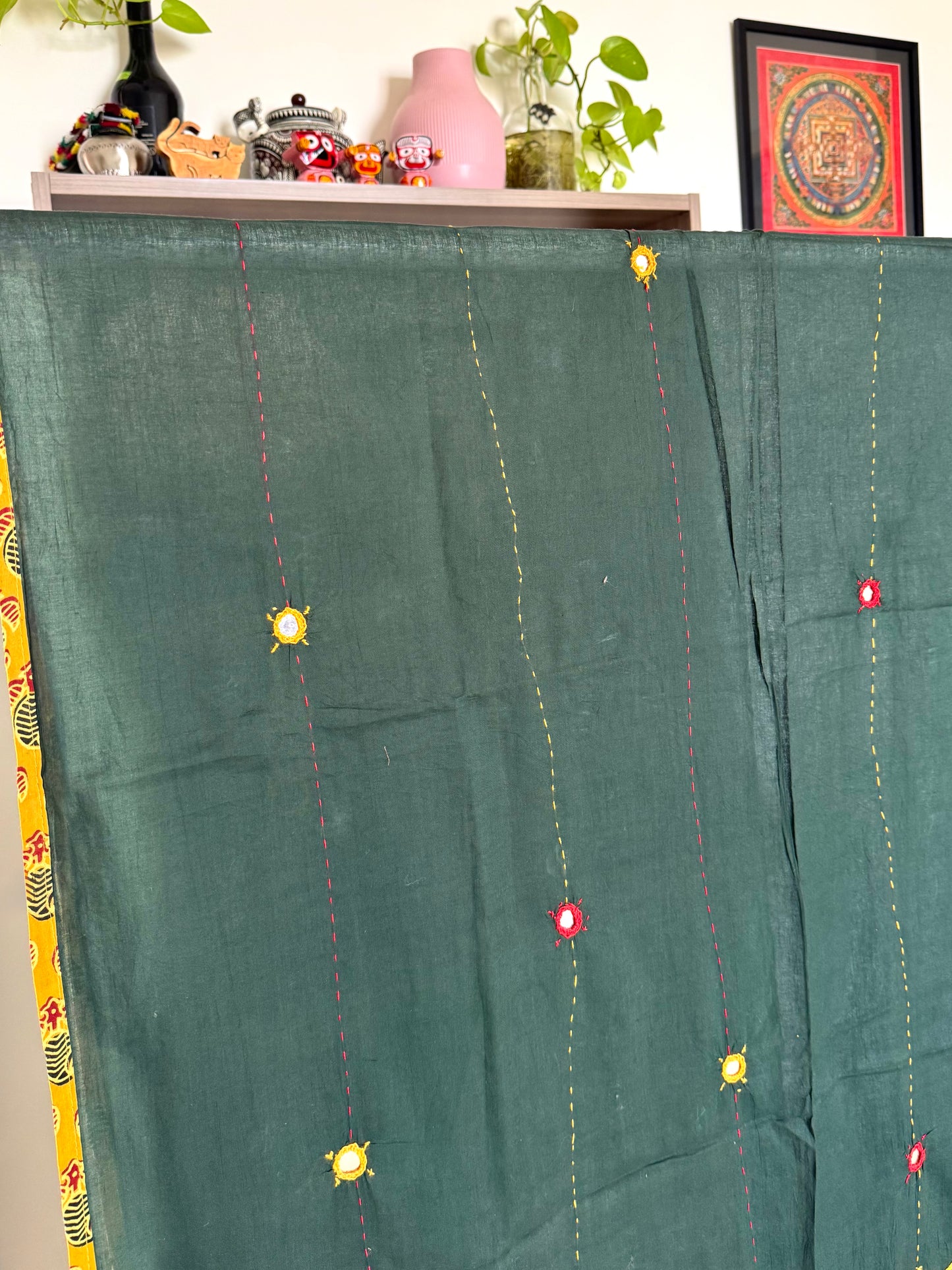 Ajrakh Applique & Kantha Embroidered Dupatta ~ Olive Green and Yellow