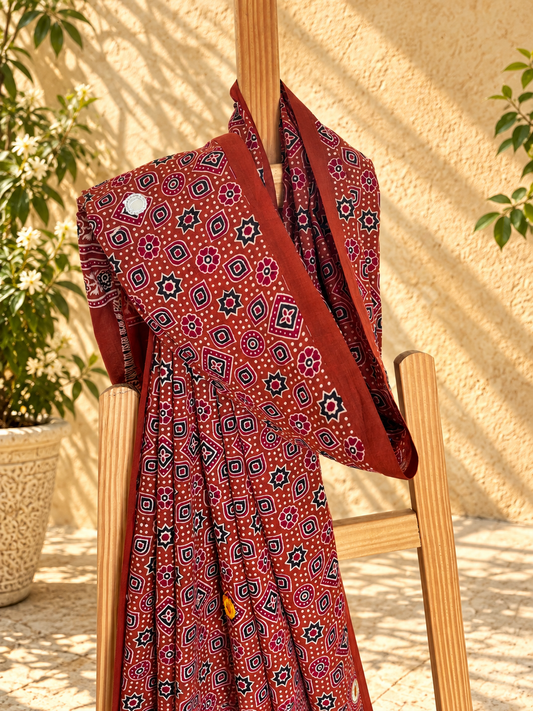 Rangrez🔅Ajrakh Mulmul Cotton Dupattas with Embroidery ~ Orangish Red