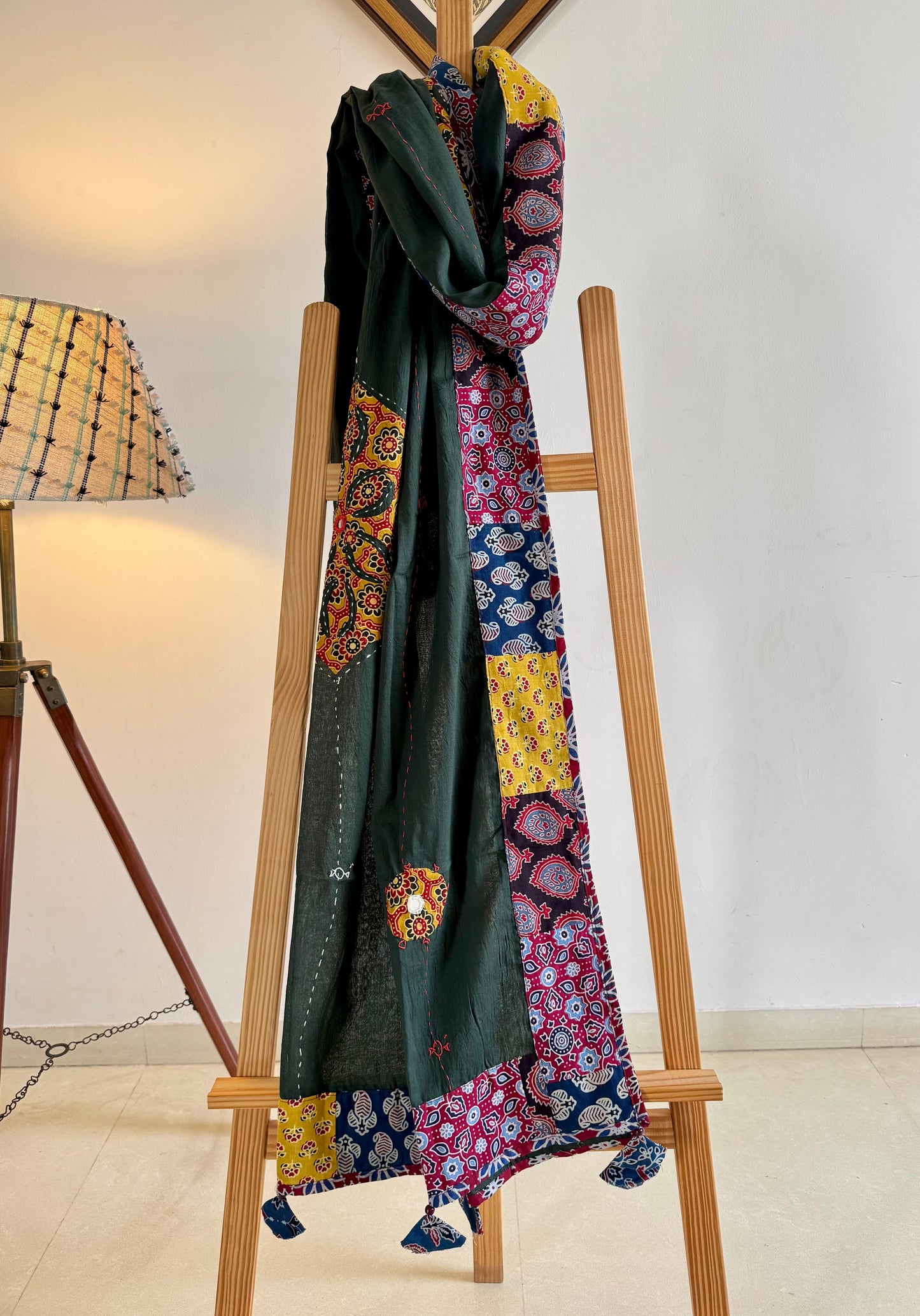 𓂃ོ⋆☀︎𓂃ᨒོ Ajrakh, Applique & Kantha Embroidered Dupatta ~ Olive Green & Yellow 𑁍ࠬ