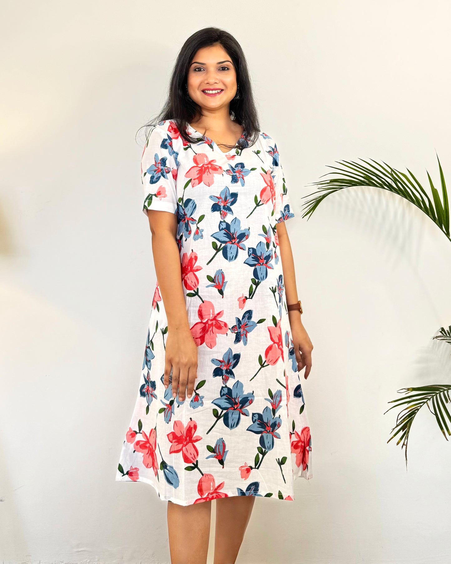 Khushi ~ White & Pink Cotton Dress ~ Spring Lilies