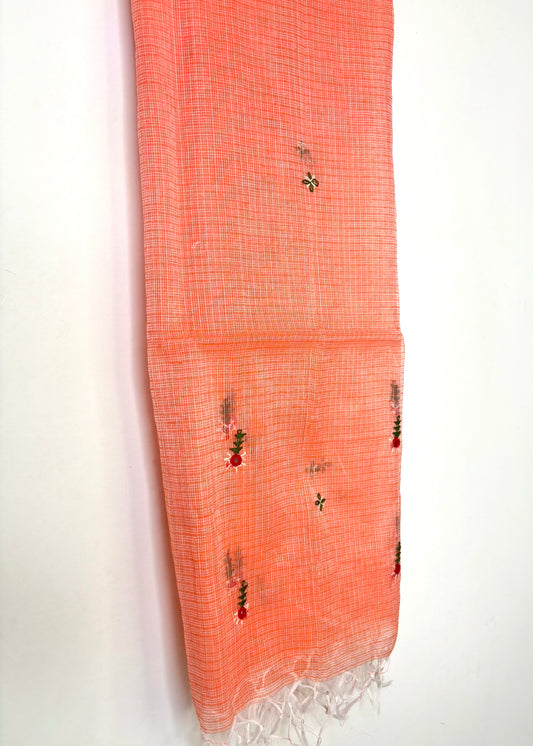 Kota Doria Hand Embroidered Dupatta ~ Peach w/ green flowers