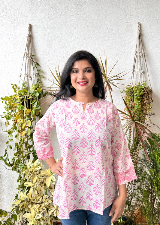 Flamingo ~ White and Pink Handblock Kurti