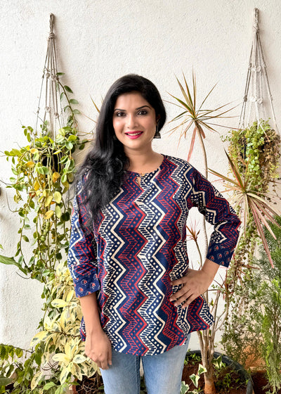 Zigzag ~ Navy Blue Handblock Kurti