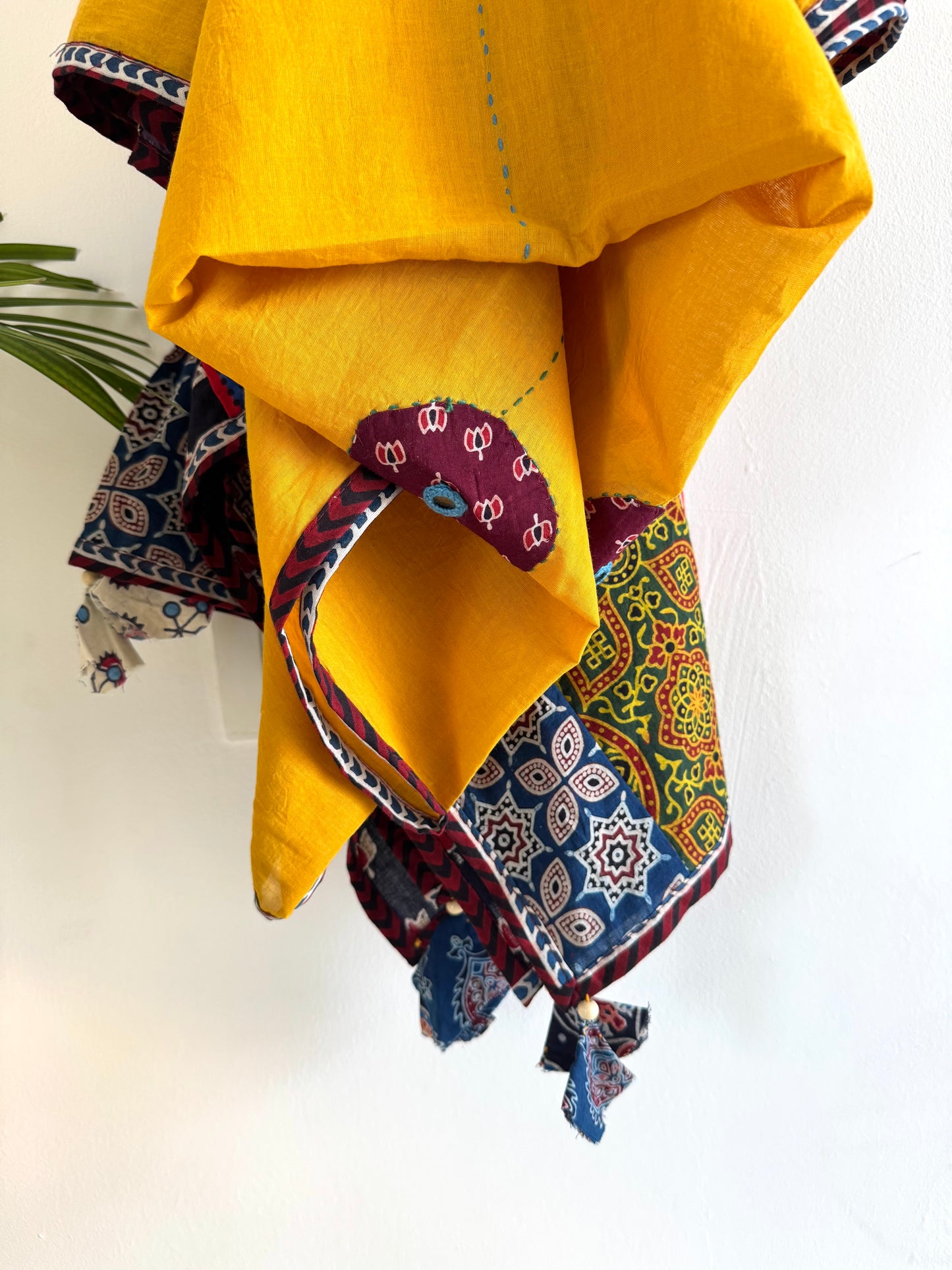 𓂃ོ⋆☀︎𓂃ᨒོ Ajrakh, Applique & Kantha Embroidered Dupatta ~ Yellow & Maroon𑁍ࠬ