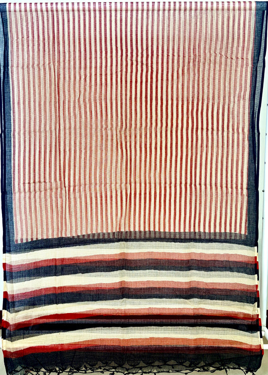 Kota Doria Bagru Handblock Dupatta ~ Black w/ Red lines