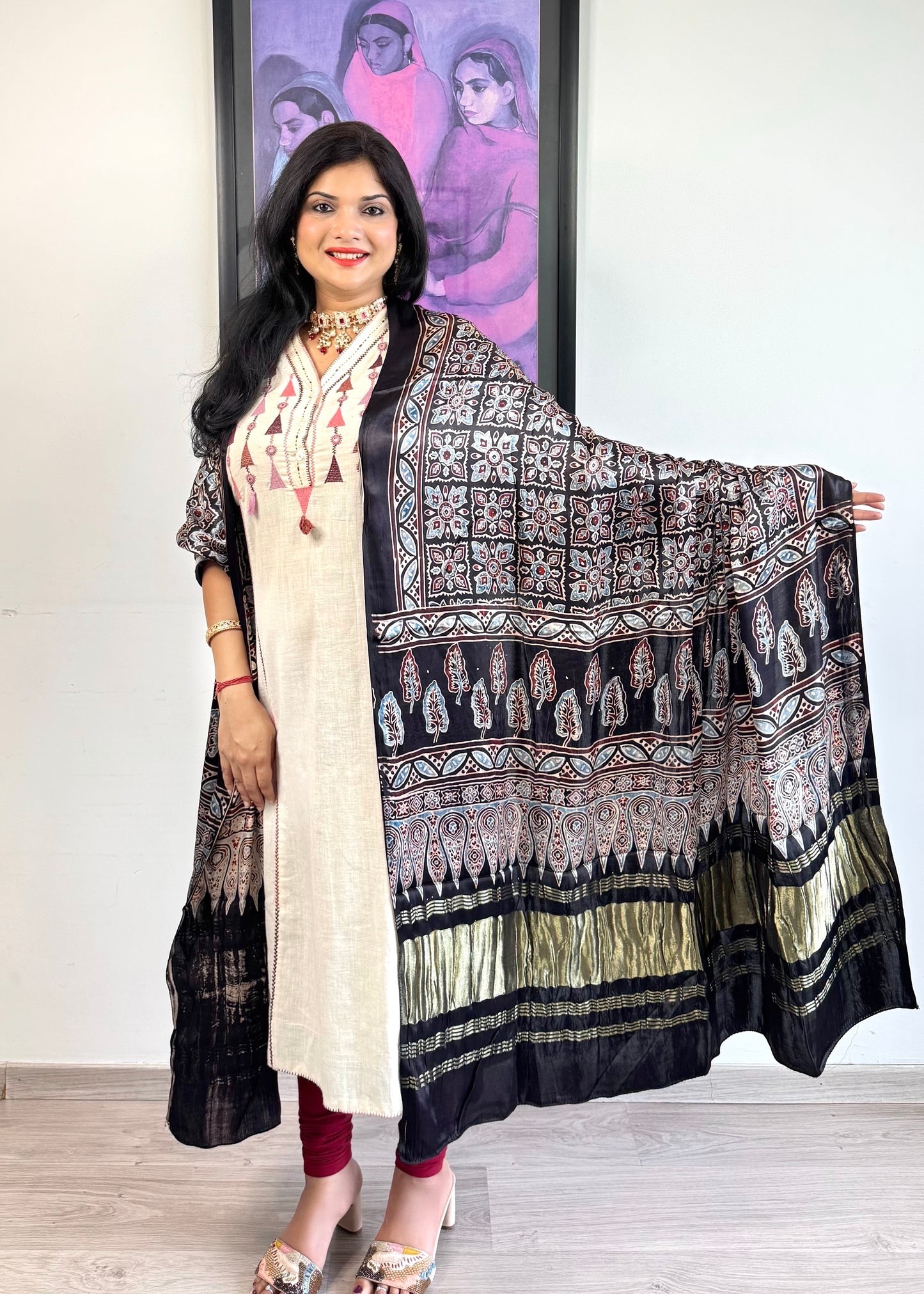 Modal Silk Ajrakh Dupatta ~ Metallic Black Square Motif w/ Zari