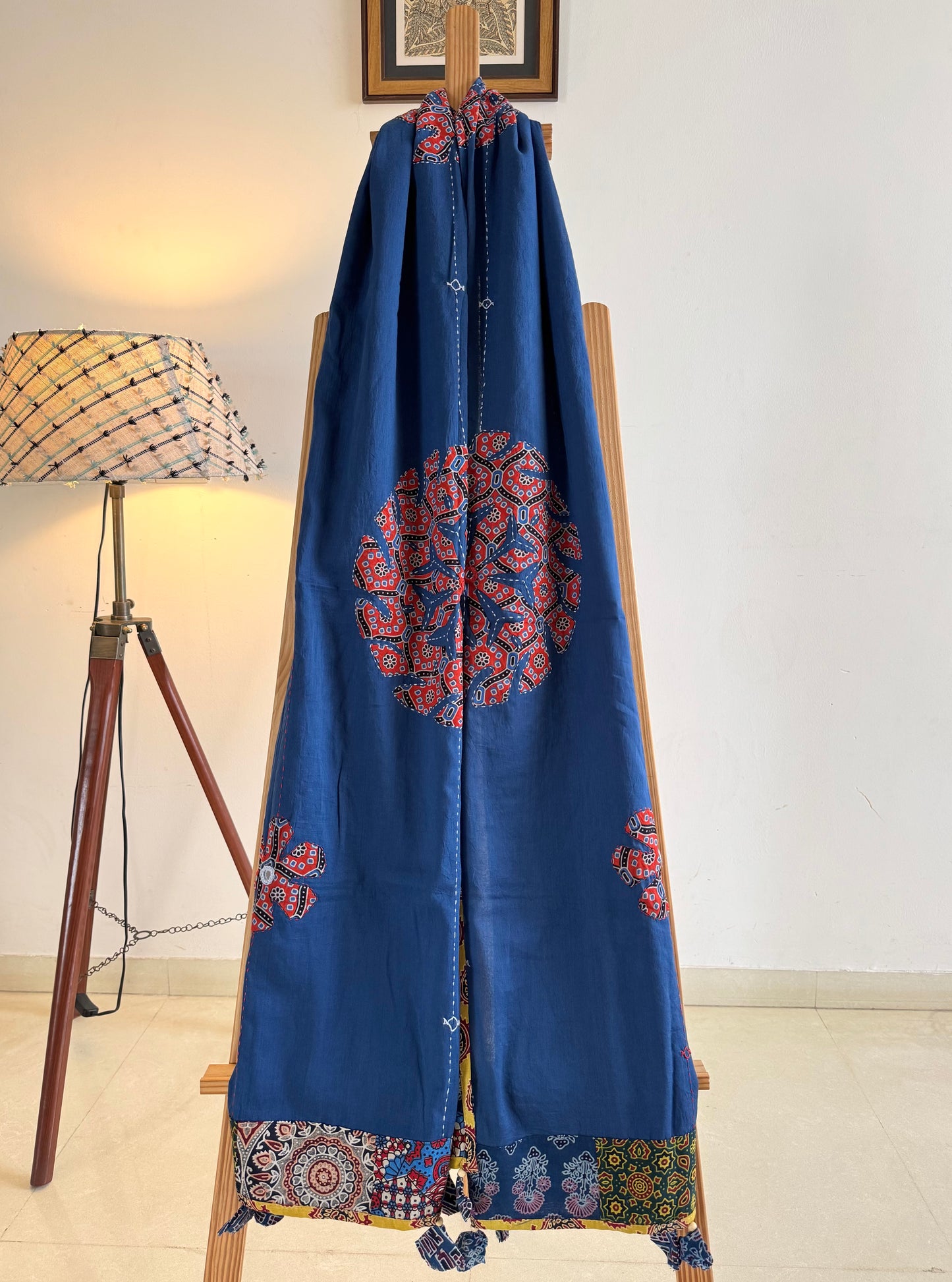 Ajrakh Applique & Kantha Embroidered Dupatta ~ Navy Blue w/ Orange Flowers