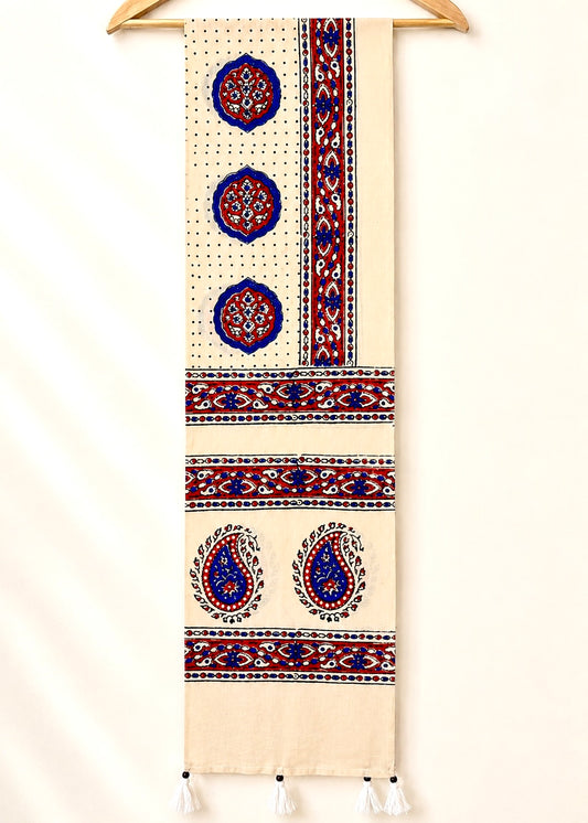 Raahi🌻Ajrakh Cotton Stoles ~ Ivory white w/ motifs