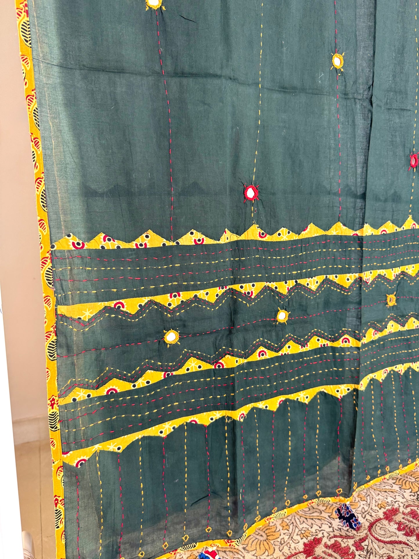 Ajrakh Applique & Kantha Embroidered Dupatta ~ Olive Green and Yellow