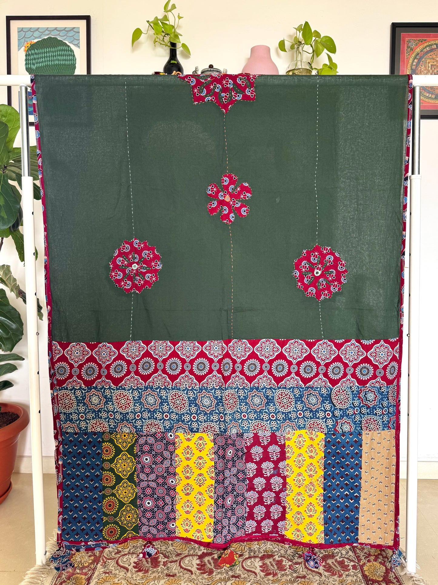 𓂃ོ⋆☀︎𓂃ᨒོ Ajrakh, Applique & Kantha Embroidered Dupatta ~ Olive Green with Ruby Crystals𑁍ࠬ