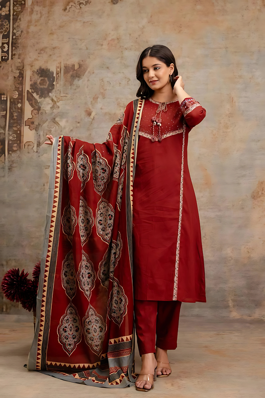 Saanjh 𓂃 ོ☼𓂃 Ajrakh Hand Embroidered Suit ~ Mahogany Red