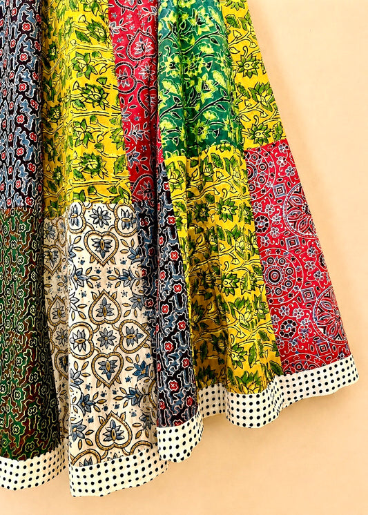 🌻Navrang ~ Ajrakh Skirt ~ Multicolor Chequered w/ white polka border