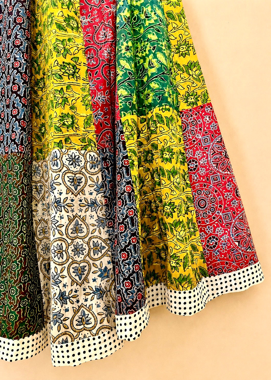 🌻Navrang ~ Ajrakh Skirt ~ Multicolor Chequered w/ white polka border
