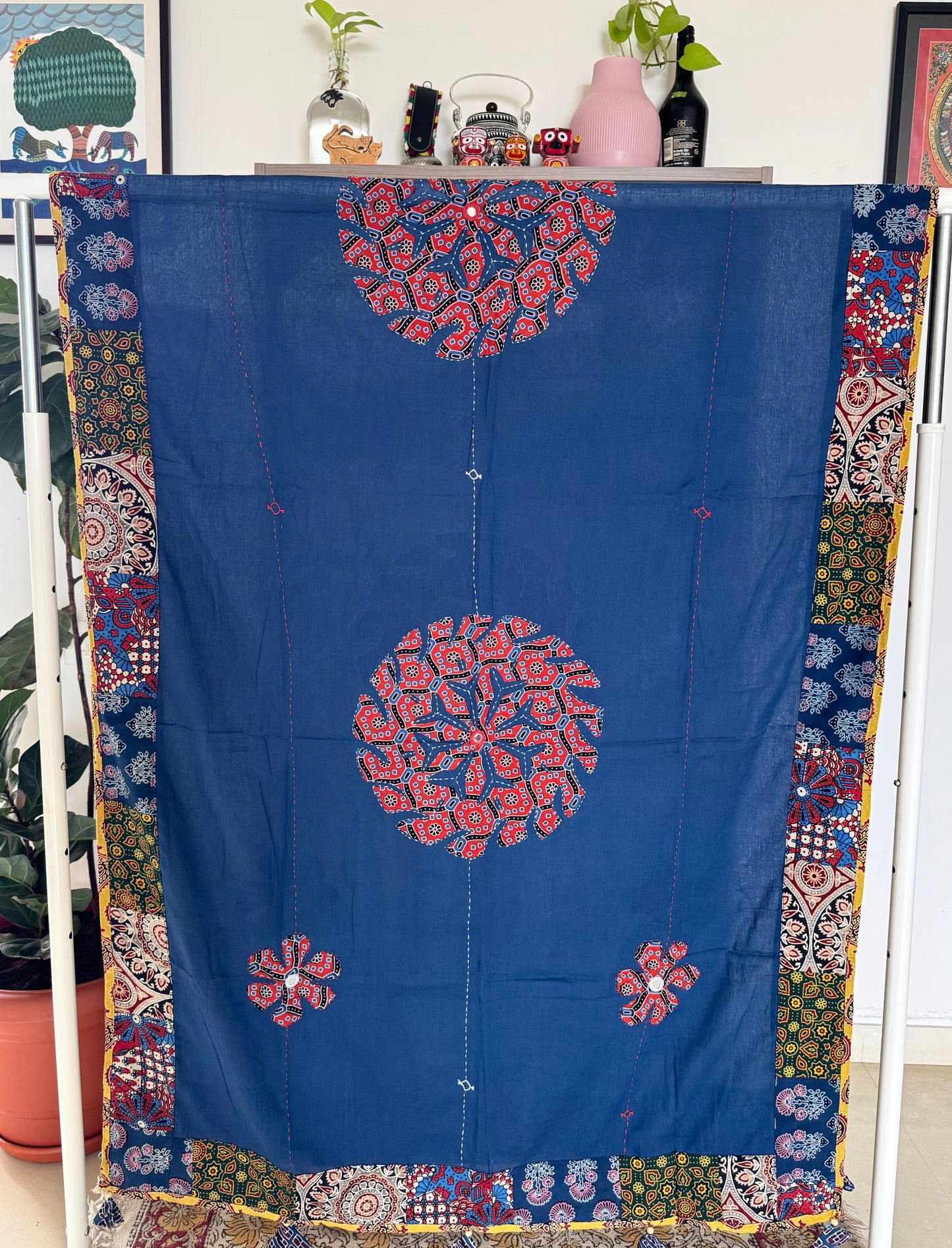 Ajrakh Applique & Kantha Embroidered Dupatta ~ Navy Blue w/ Orange Flowers
