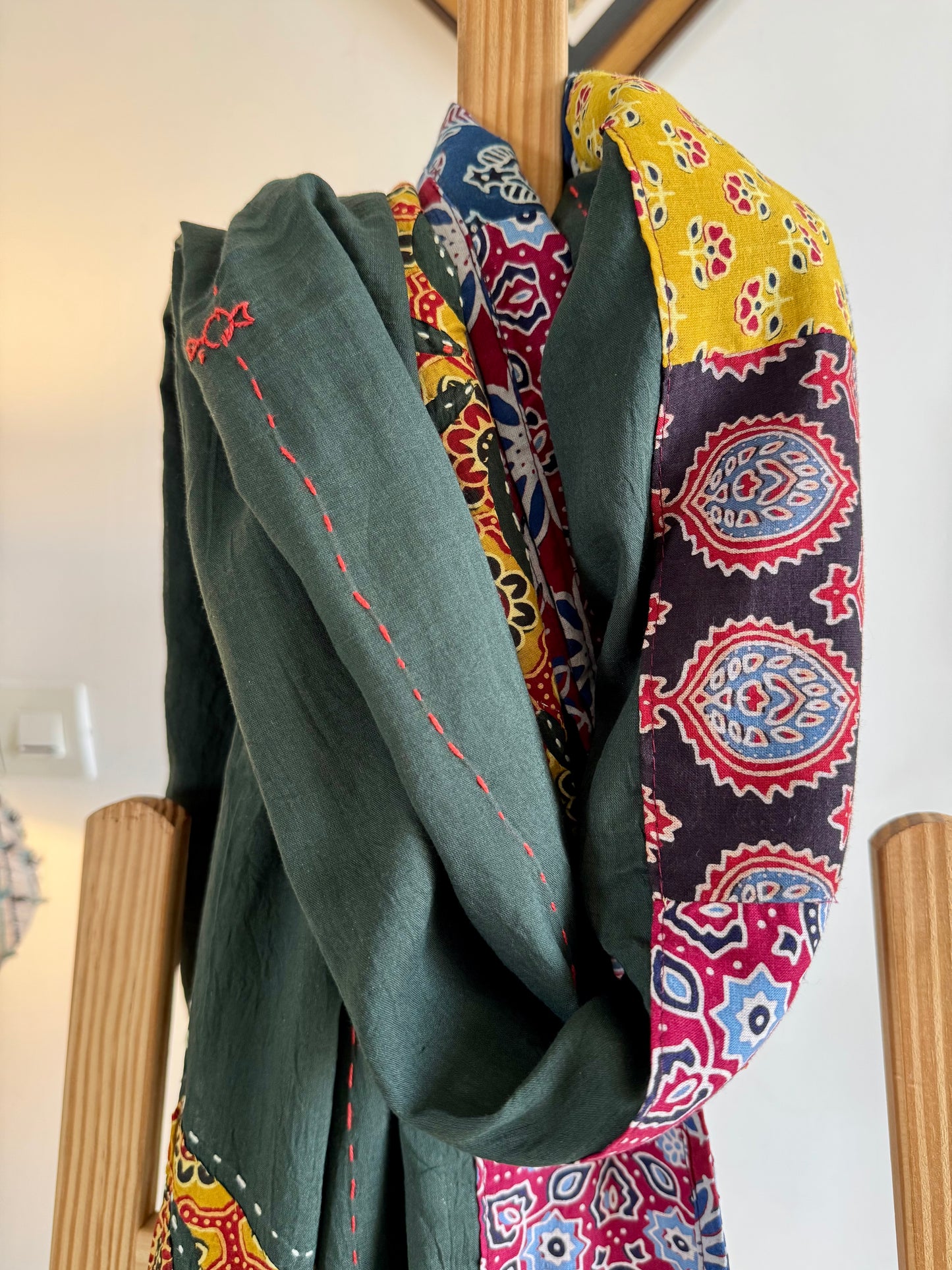 𓂃ོ⋆☀︎𓂃ᨒོ Ajrakh, Applique & Kantha Embroidered Dupatta ~ Olive Green & Yellow 𑁍ࠬ