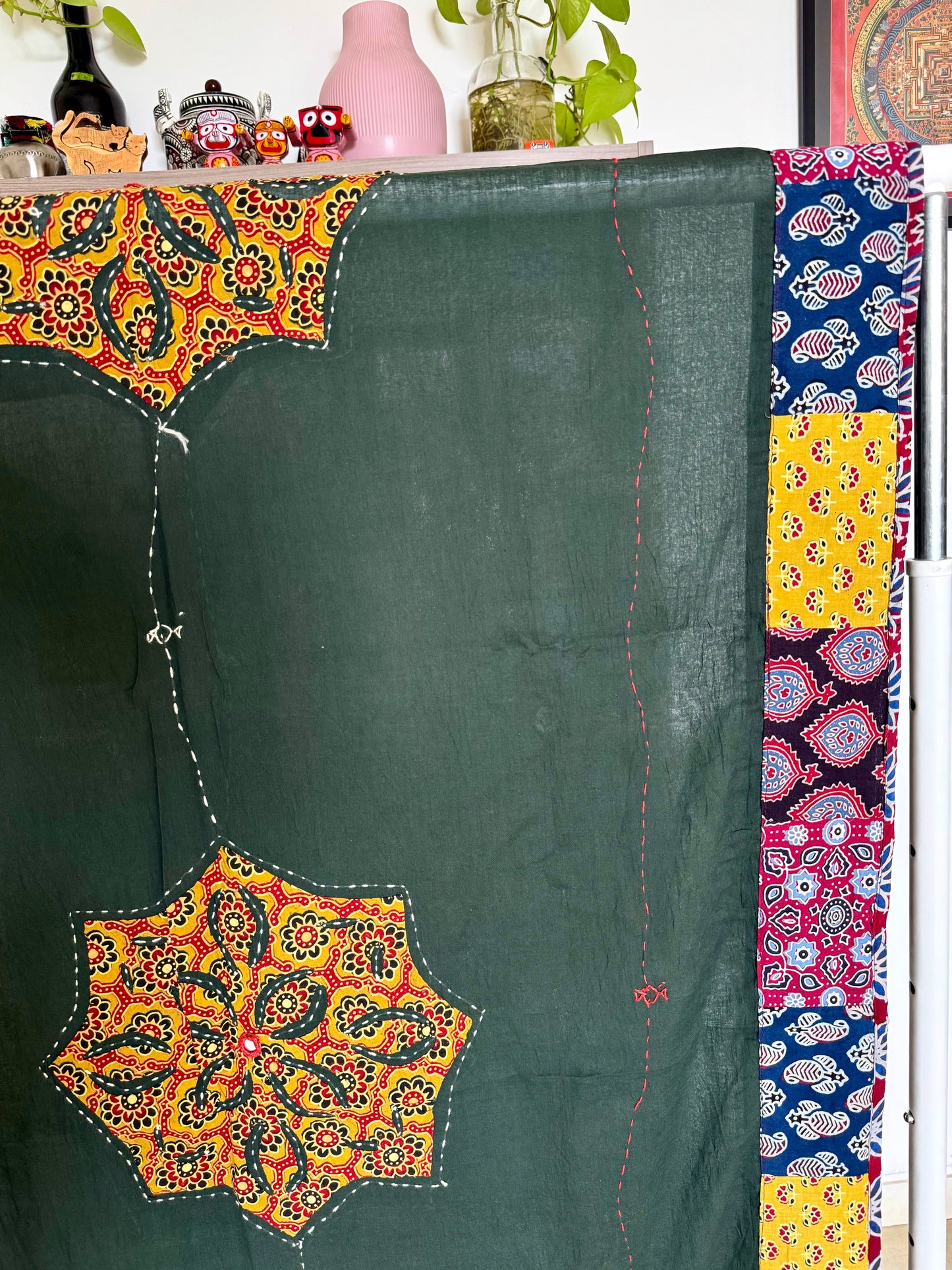 𓂃ོ⋆☀︎𓂃ᨒོ Ajrakh, Applique & Kantha Embroidered Dupatta ~ Olive Green & Yellow 𑁍ࠬ